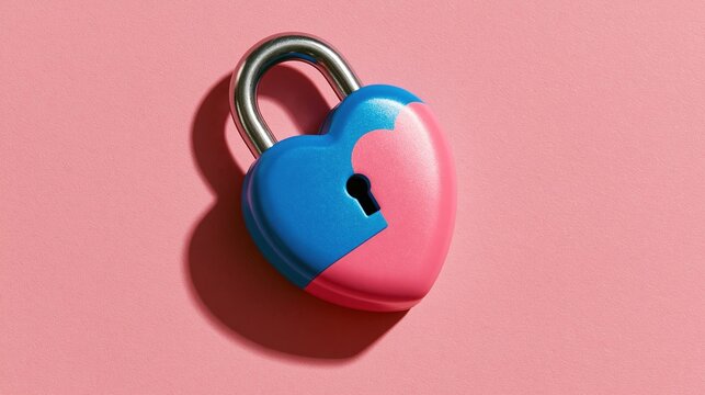A heart shaped padlock displaying divided blue and pink colors rests upon a textured surface to symbolize the concepts of commitment and romantic partnerships within a meaningful relationship