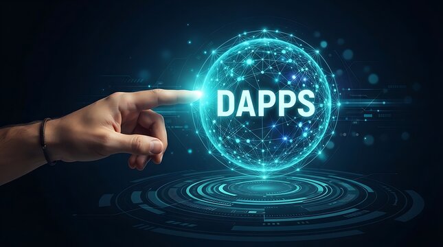 Human hand touching a glowing cyan digital sphere with the text dapps, featuring a network of nodes and lines on a dark background