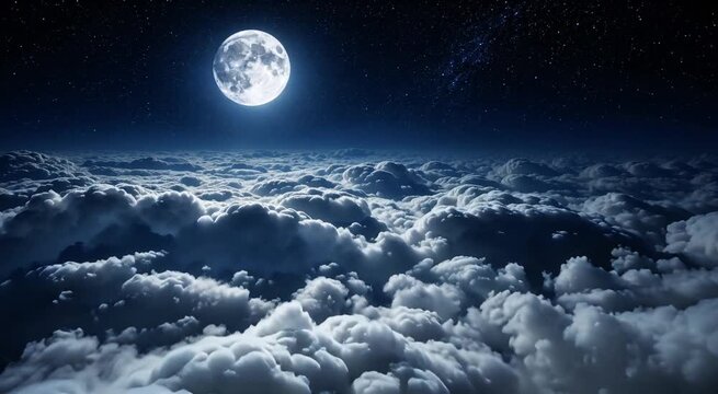 Full Moon Night Sky Flying Over Cloud Sea