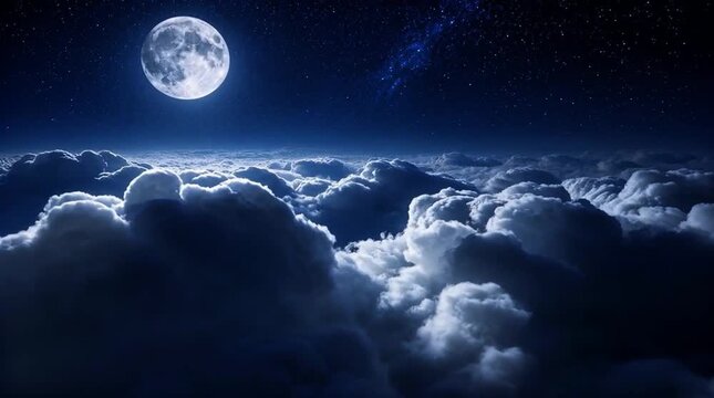 Full Moon Night Sky Flying Over Cloud Sea 4K Background