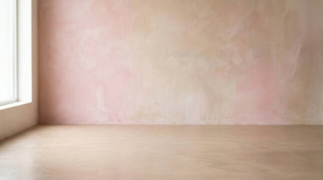 Bright empty room featuring a textured wall, natural light from a window, and a clean wooden floor.
