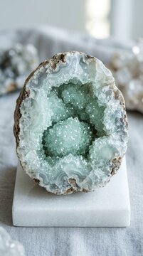 Beautiful light blue-green geode crystal formation on display.