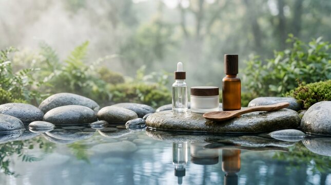 Natural skincare products on stones in a misty hot spring pool.