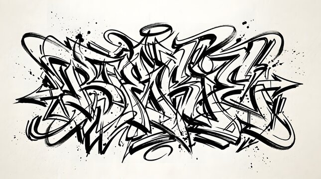 Intricate black and white graffiti lettering with overlapping strokes and sharp abstract forms, creating a dramatic monochrome street-art composition.