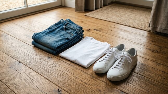 Casual outfit essentials - folded jeans, white t-shirts, and sneakers on a warm wooden floor.