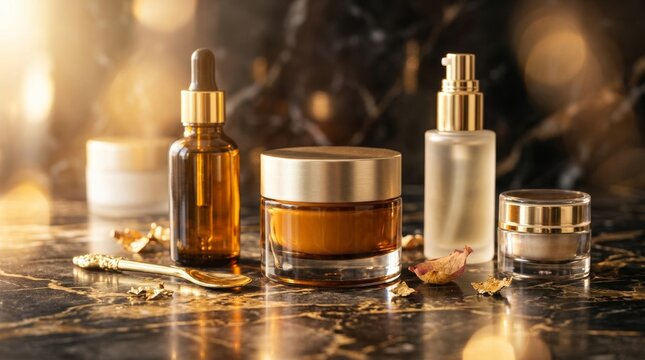 Set of luxury cosmetic skincare products with serum and cream jars.