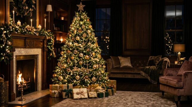 Cozy Christmas Eve Scene with Decorated Tree and Fireplace.