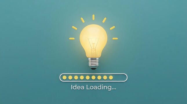 Glowing yellow lightbulb with a horizontal progress bar and the text idea loading on a solid teal blue background