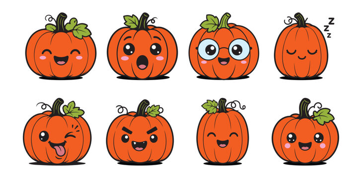 Kawaii pumpkin emoji set with 8 cute facial expressions. Orange autumn squash characters for Halloween. Vector cartoon pumpkin icons.
