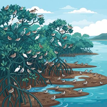 Mangrove forest with many wading birds