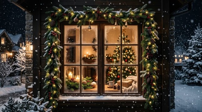 Cozy Christmas Window Scene with Festive Decorations and Snowfall.