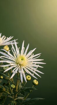 Close-up of a white spider chrysanthemum with delicate petals and a vibrant yellow center, set against a soft green background with a hint of sunlight.