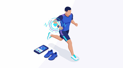 Fototapeta premium Athlete running with smartwatch and phone in isometric style.