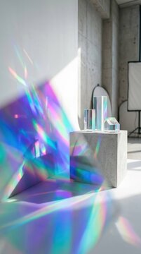 Cosmetic products on a pedestal with vibrant rainbow light reflections in a modern studio setting.