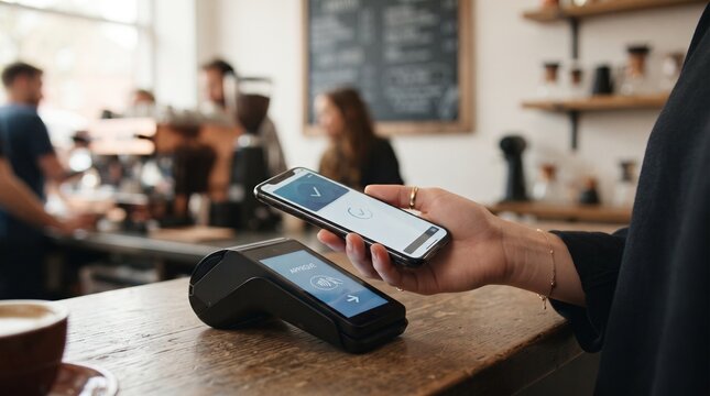 A woman uses her smartphone to make a contactless payment at a wooden counter with digital payment transaction counter busy establishment