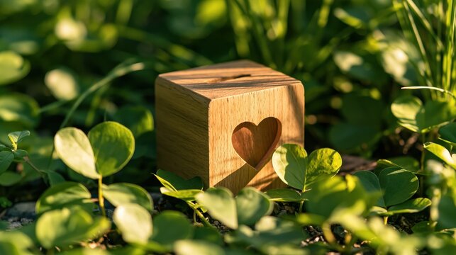 Small wooden cube with heart cutout placed in lush green clover field under warm natural sunlight for nature conservation concept