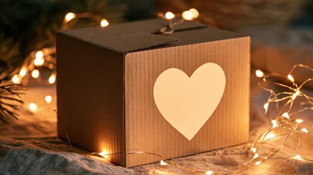 Brown Cardboard Gift Box Featuring a Heart Shape Symbol Surrounded by Warm Glowing Fairy Lights for Romantic Occasions and Holiday Celebrations