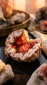 Close-up of a vibrant red and white geode crystal formation.