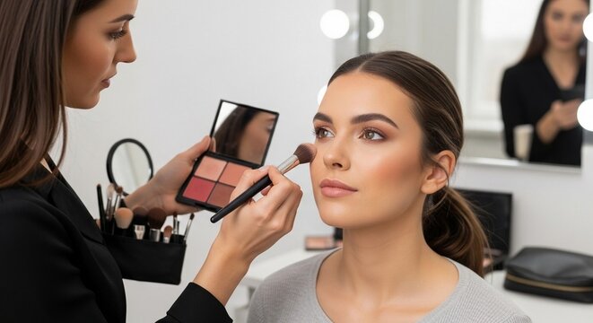 Professional makeup artist applying cosmetics to a young woman's face in a bright studio setting.