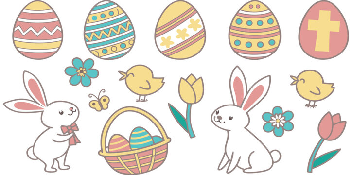 A digital illustration featuring a 5x5 grid of various Easter-themed icons set against a plain white background. The icons include a variety of decorated Easter eggs with different patterns, such as s