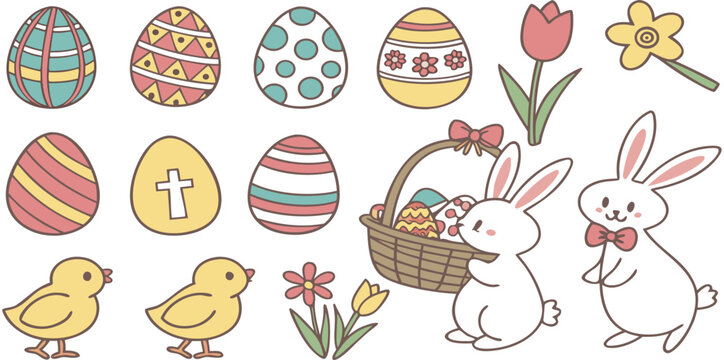 A digital illustration featuring a 5x5 grid of various Easter-themed icons set against a plain white background. The icons include a variety of decorated Easter eggs with different patterns, such as s