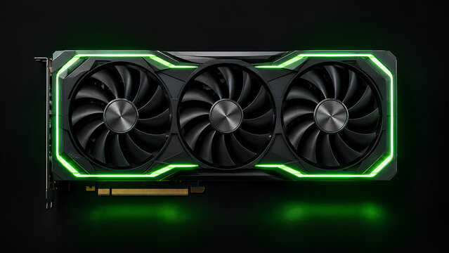 Top view of a generic triple fan graphics card with vivid green neon LED lighting on a dark background, representing gaming, computing, AI and high performance technology.