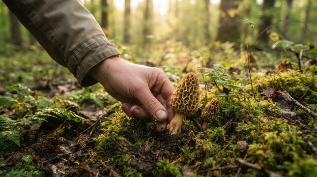 A person&rsquo;s hand gently picks a morel mushroom from the forest floor.