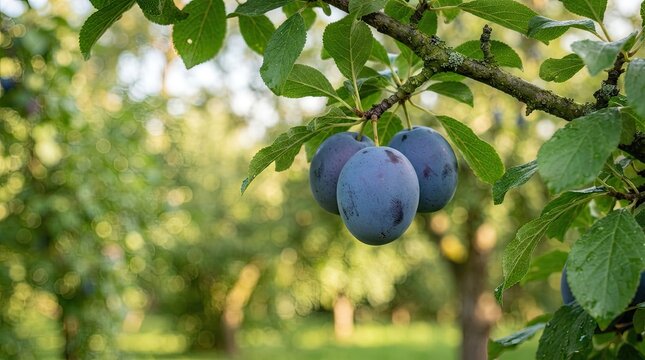 Three dark purple plums hang from a branch of a tree in a garden.