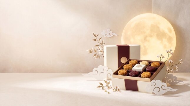 Luxury Mid-Autumn festival mooncake gift box packaging mockup with full moon and traditional clouds background with copy space