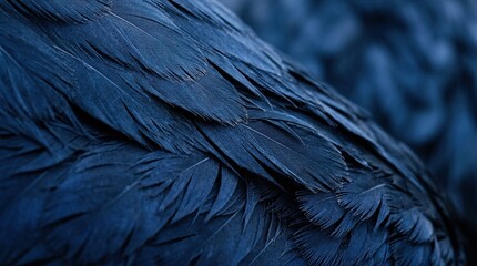 Obraz premium Abstract macro close up view of dark blue bird feathers texture detail layers elegant plumage patterns natural organic organic surface aesthetic visual design.