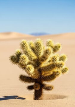 A golden cholla cactus stands prominently in a vast desert landscape under a clear blue sky, showing its dense spines and rugged beauty, landscape, environment, needles