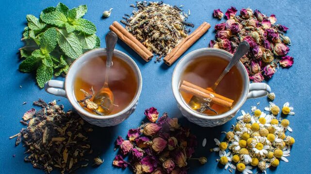 Herbal tea with mint, rose petals, chamomile, and cinnamon sticks brewing in white mugs on a blue background