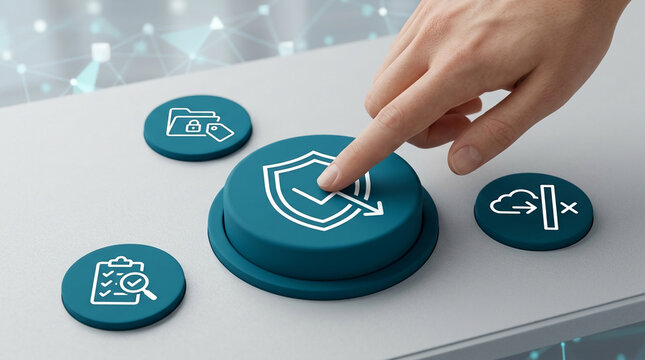 Cybersecurity and Data Protection Concept Featuring a Finger Pressing a Blue Security Shield Button with Privacy Compliance Icons in 3D Style.