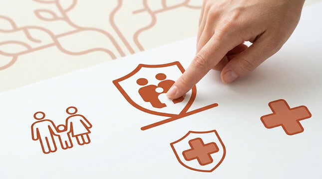 Concept of Family Insurance and Health Protection with Hand Pointing at Shield Icon for Safety, Security, and Healthcare Coverage Planning