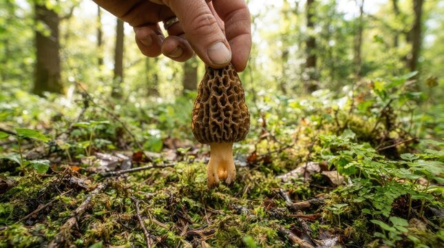 A person carefully picks a morel mushroom from the forest floor.