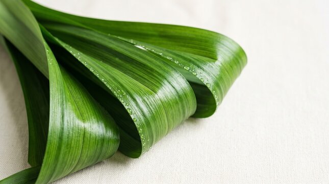 Fresh Folded Pandan Leaves with Water Drops on Neutral Linen Background