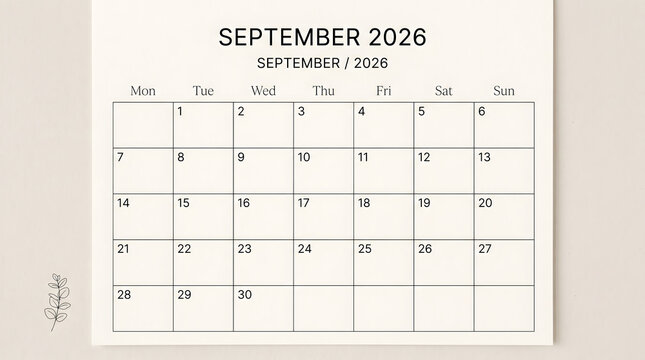Minimalist September 2026 Monthly Calendar Template with Monday Start, Neutral Scandinavian Design