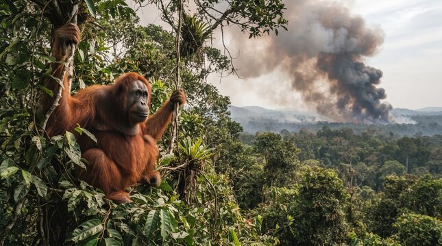 Wild orangutan watching a distant tropical forest wildfire from a safe treetop perch