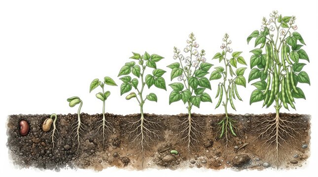 A detailed illustration depicts the growth stages of a bean plant.