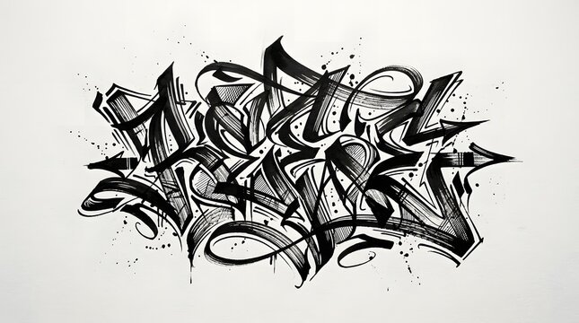 Complex black and white graffiti lettering featuring sharp lines, overlapping forms, and bold abstract shapes on a clean light background.