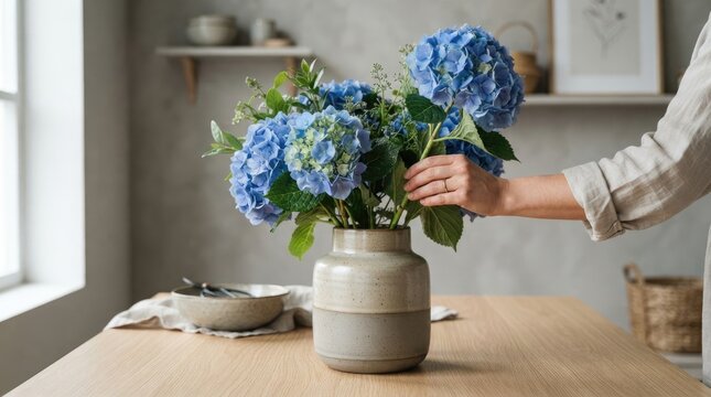 A person is carefully arranging a bouquet of blue hydrangeas in a rustic ceramic vase.