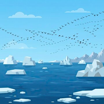 Migrating birds over arctic landscape with icebergs