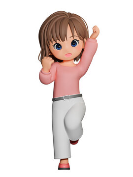 3D CG｜茶髪のセミロングヘアの若い女性が笑顔で拳を上げて片足で立つポーズ