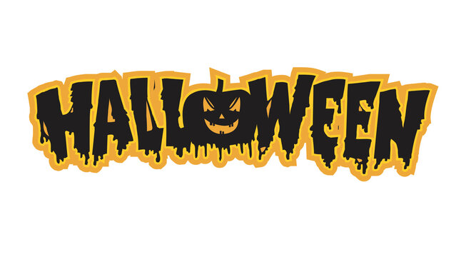 Spooky Halloween typography with dripping slime effect, creepy jack-o-lantern pumpkin letter O, orange and black horror holiday text logo