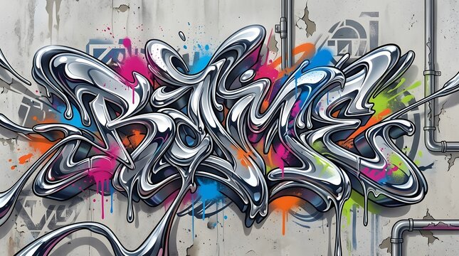 Intricate silver graffiti lettering layered over a colorful urban wall, combining metallic highlights, sharp curves, and complex contemporary street-art forms.