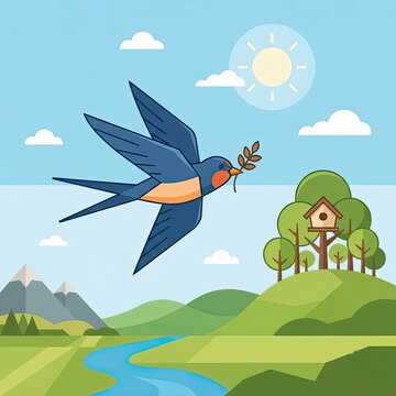 Flying swallow with olive branch in spring landscape