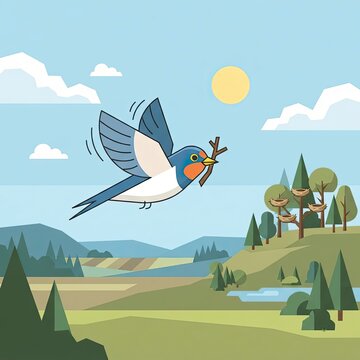 Swallow bird flying with a twig for nest building