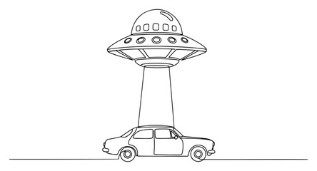 UFO Abducting Car with Tractor Beam Continuous Line Art Flying Saucer Extraterrestrial Abduction Scene Minimalist Vector Illustration of Sci-Fi Concept © ----WWWLINE----