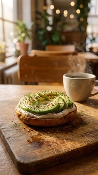  Toasted Sesame Bagel with Cream Cheese, Sliced Avocado, and Fresh Dill Garnish: Generous Layers of Creamy Cheese Top the Artisanal Bagel, while Vibrant Green Avocado Slices Are Arranged in a Neat Ove