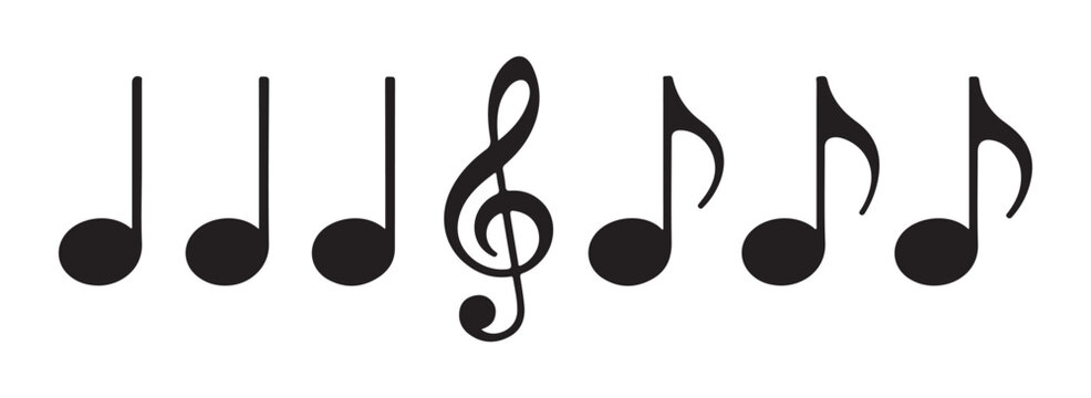 Black quarter notes and treble clef with eighth notes row graphic isolated on transparent grid background.
